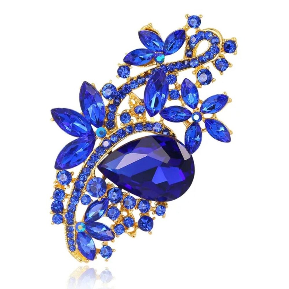 Rhinestone Cluster Brooch Cobalt Blue Glass Gold Tone